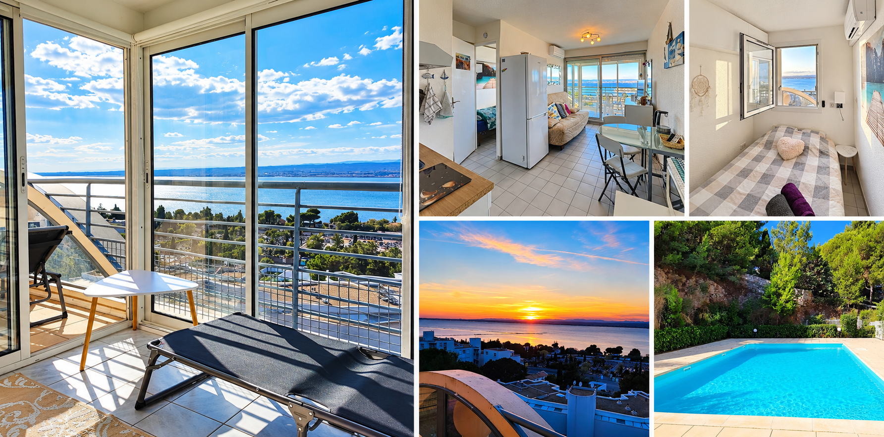 Montage du logement à Sète : loggia avec vue sur l’étang de Thau, séjour, chambre, coucher de soleil et piscine